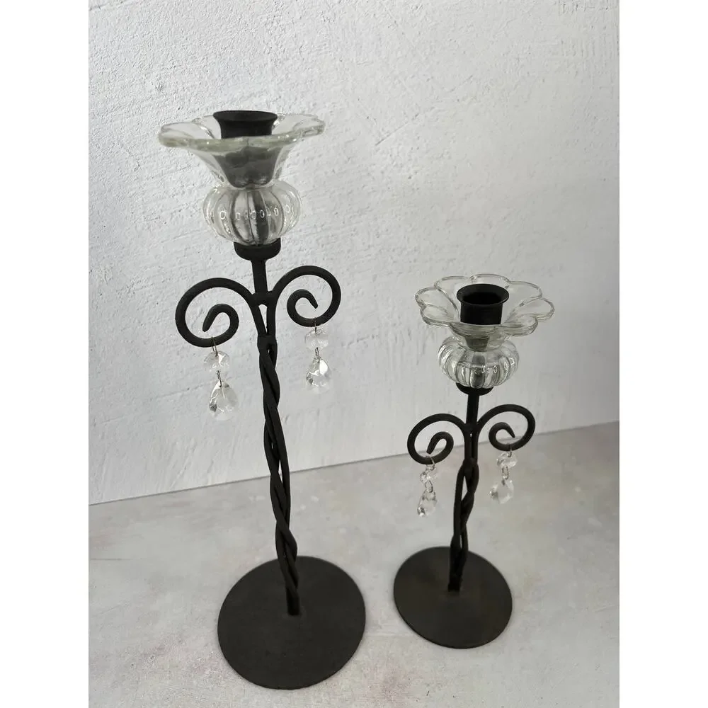 Wrought Iron Scroll‎ Candle Holders Glass Ornate Decorative Pair